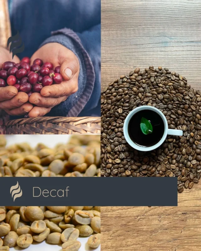 Publicación sobre café descafeinado con cerezas, granos y una taza