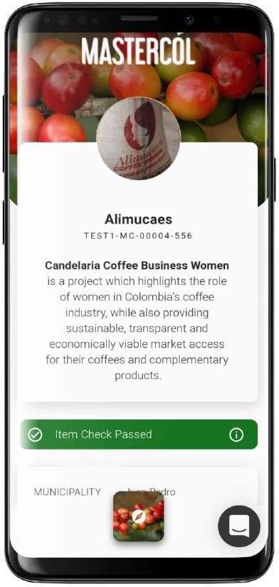 Vista original de la experiencia móvil de Mastercol en Rfider, con la historia y los datos de un café